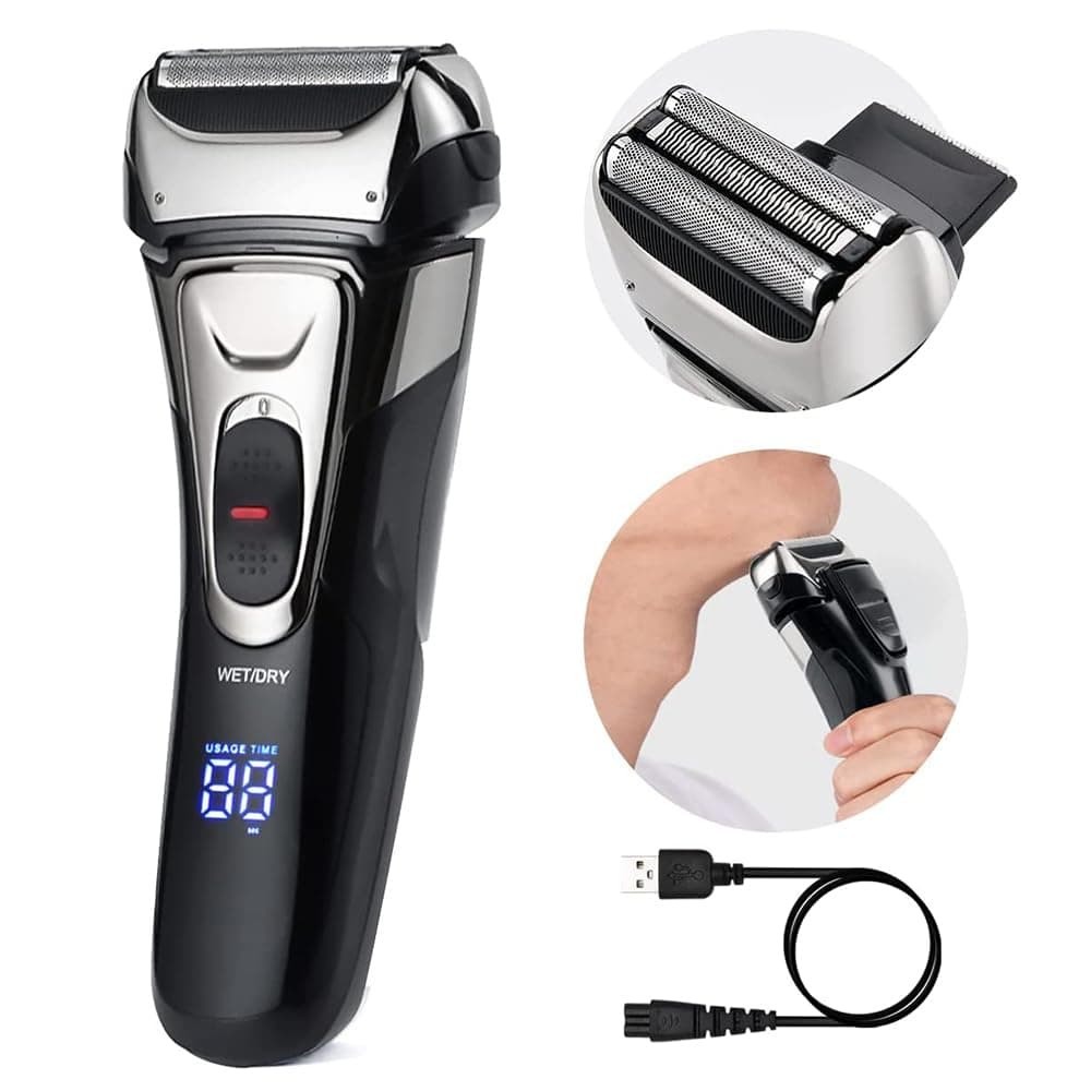LinJie Men's Electric Shaver, 3 Blade Foil Shaver with Pop-Up Trimmer, Cordless Rechargeable, Waterproof LED Display, Wet/Dry Use, Black