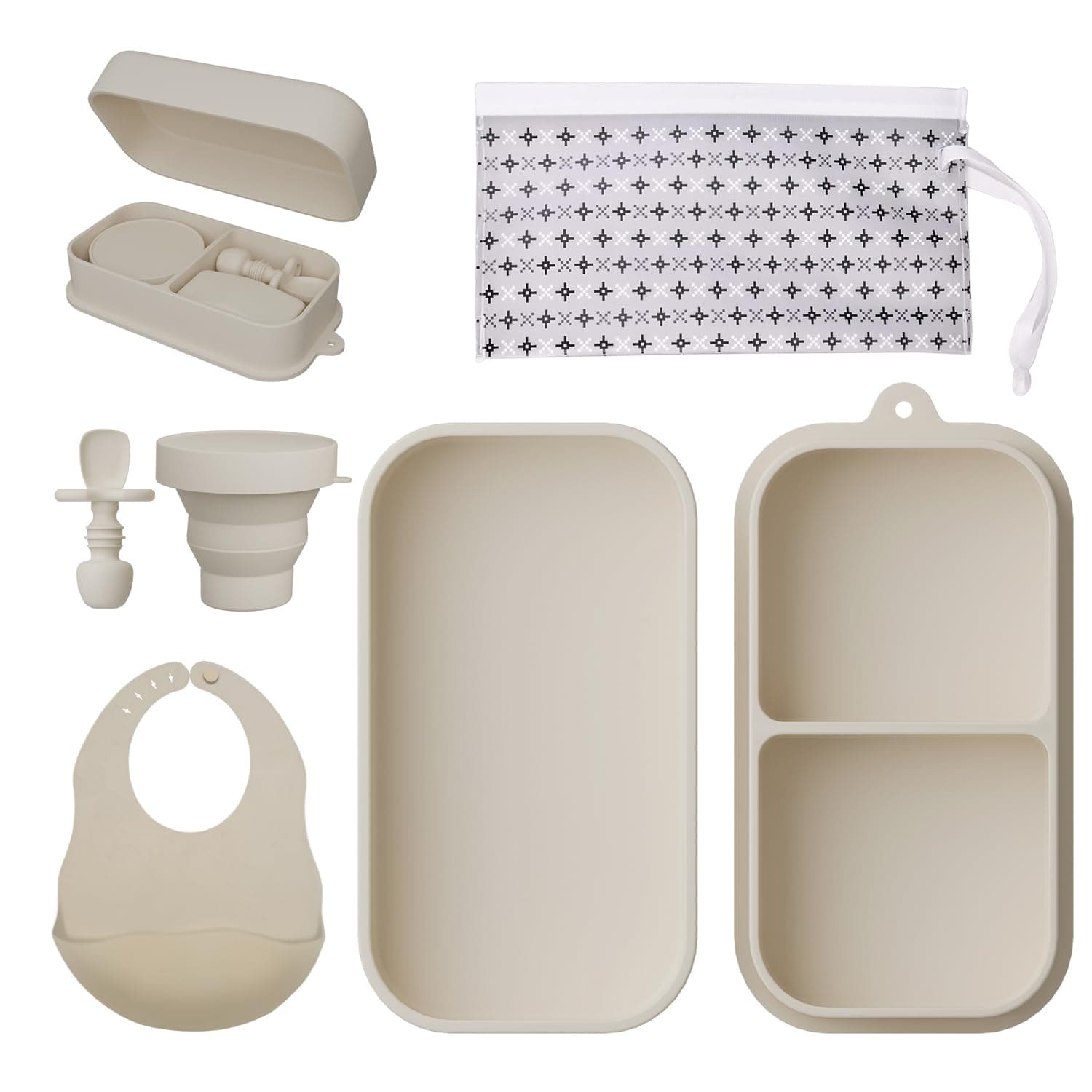 Travel Silicone Baby Feeding Set Portable Toddler Feeding Supplies Toddler Plates and Bowls Set Baby plates with Suction With spoon and cup, bib and waterproof storage bag