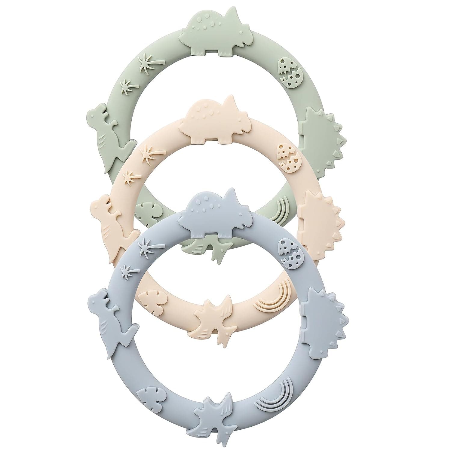 Silicone Teethers for Babies 0-6 6-12 Months Teething Toys for Infants Baby Chew Toys for Sucking Needs Baby Teething Rings for Infant Boys and Girls 3 Pack-Dinosaur-Baby Blue