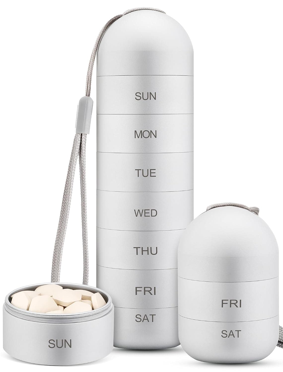 Zannaki Metal Moisture Proof Weekly Pill Organizer, Stackable Aluminum Alloy BPA Free Travel Hiking 7 Day Pill Box Case Waterproof and Large Compartment to Hold Pills, Vitamins, Fish Oil, Supplements
