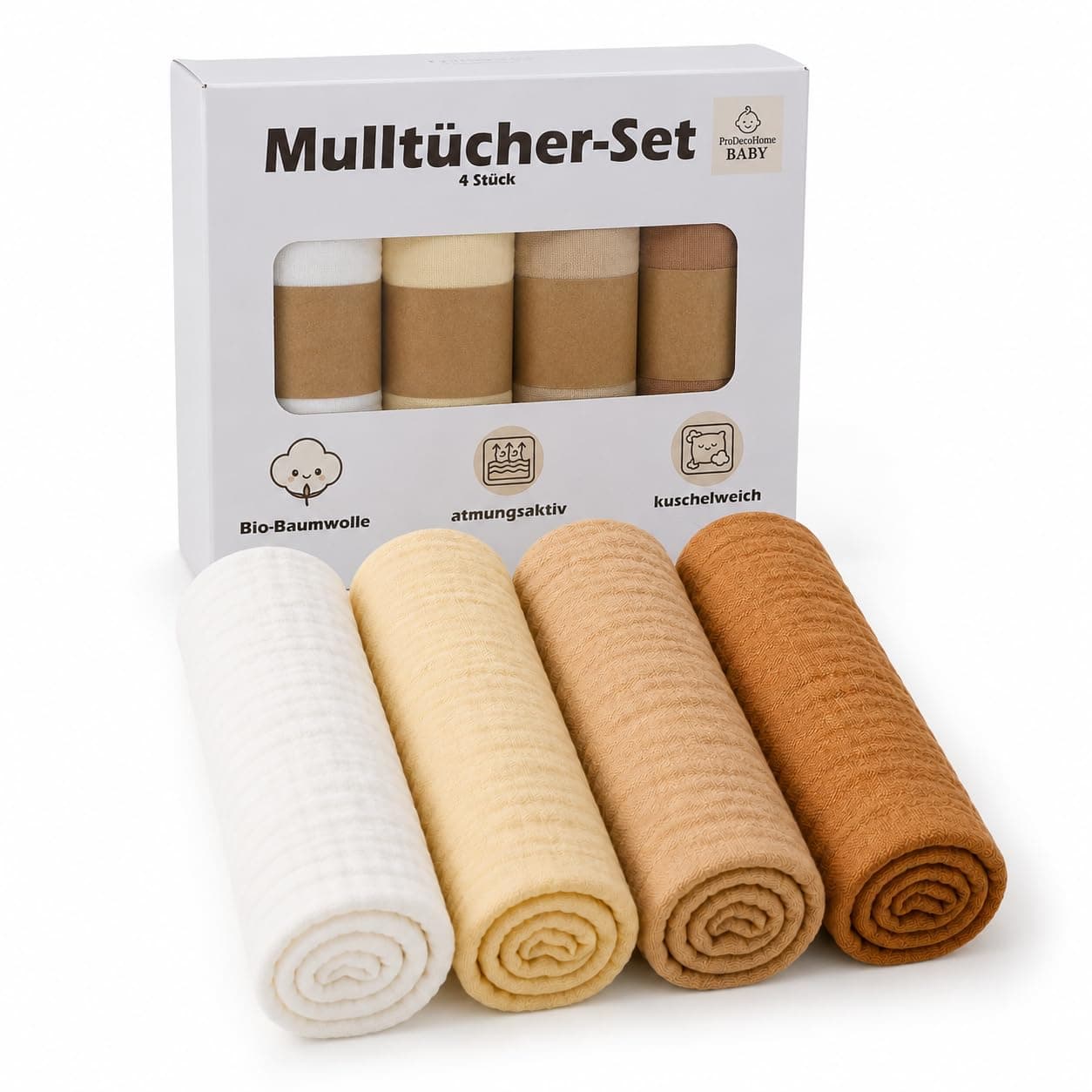 Muslin Squares for Babies Set of 4 70 x 70 cm in White Champagne Beige Coral | 2-ply, organic cotton, cuddly soft, breathable, burp cloths, muslin cloths