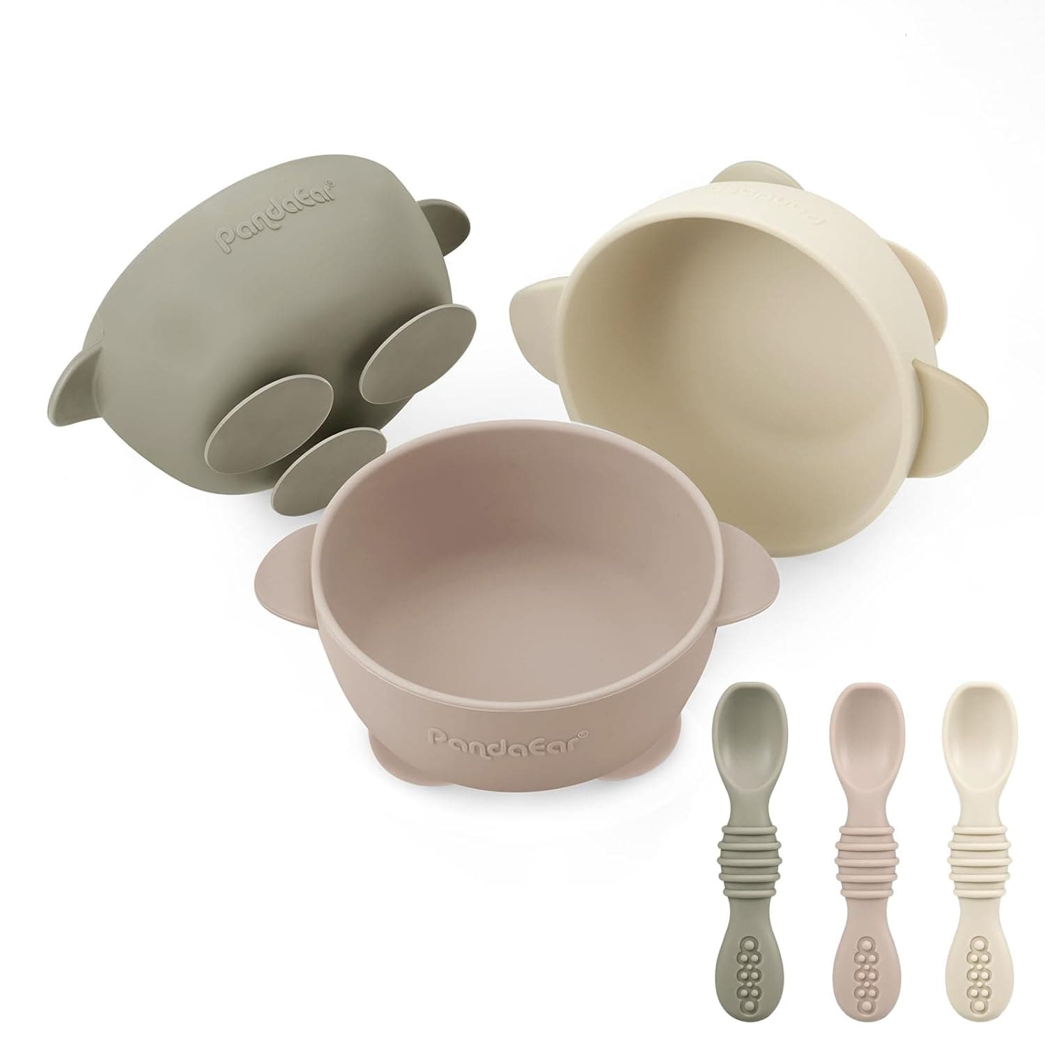 PandaEar 3 Pack Baby Suction Bowls with 3 Spoons, Stay Put Silicone Food Bowl Babies Led Weaning Supplies for Kids Toddlers, BPA-Free, Linen Brown Tan