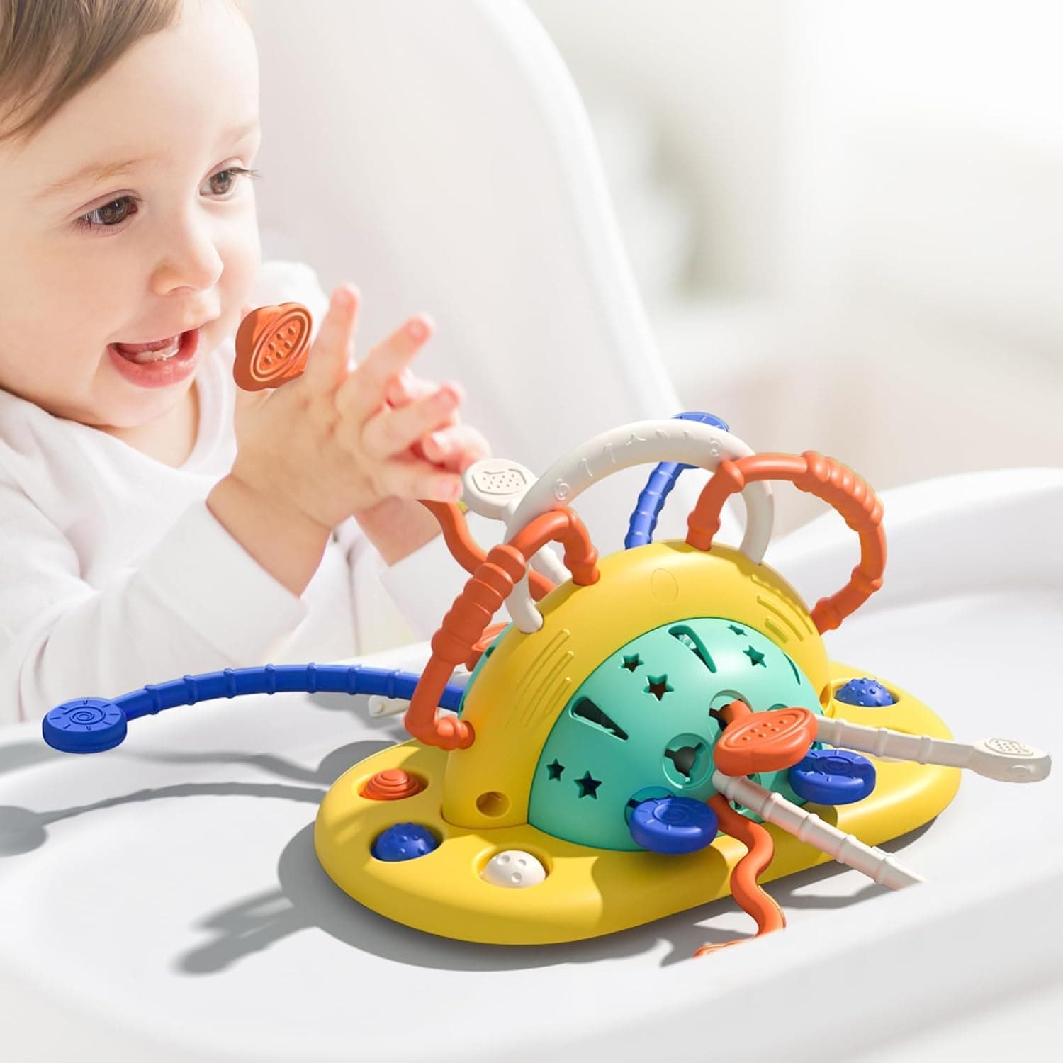 U HOOME Baby Sensory Montessori Toy for 12-18 Months,Baby Toys Silicone Suction Cup Toy for High Chair,Silicone Pull String Activity Toy Gift for Infant Toddlers, Babies Birthday Gifts