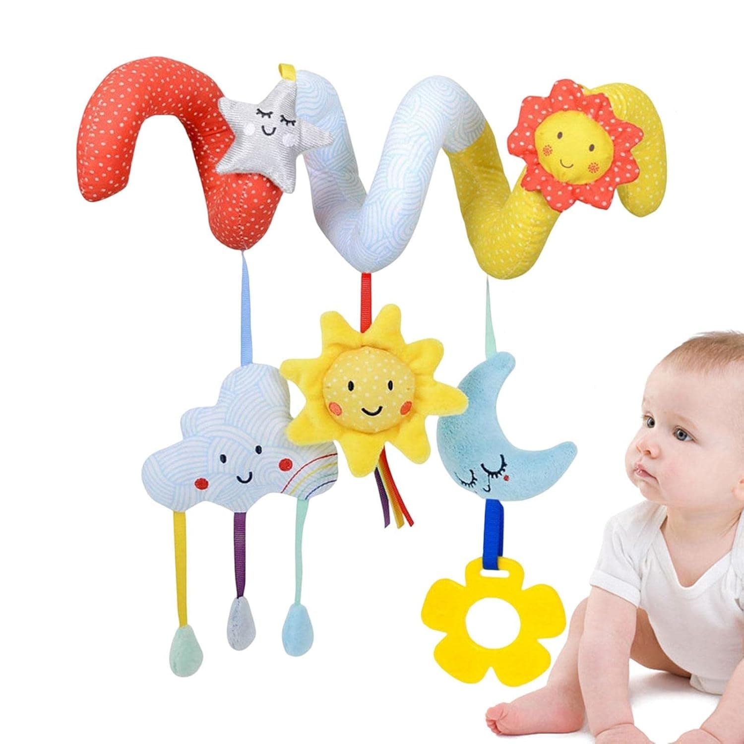 Infant Car Seat Toys - Activity Spiral Plush Toys with Baby Rattle and Music Box - Early Learning Hanging Stroller Toys for Infant, Babies, Newborns 6 to 12 Months