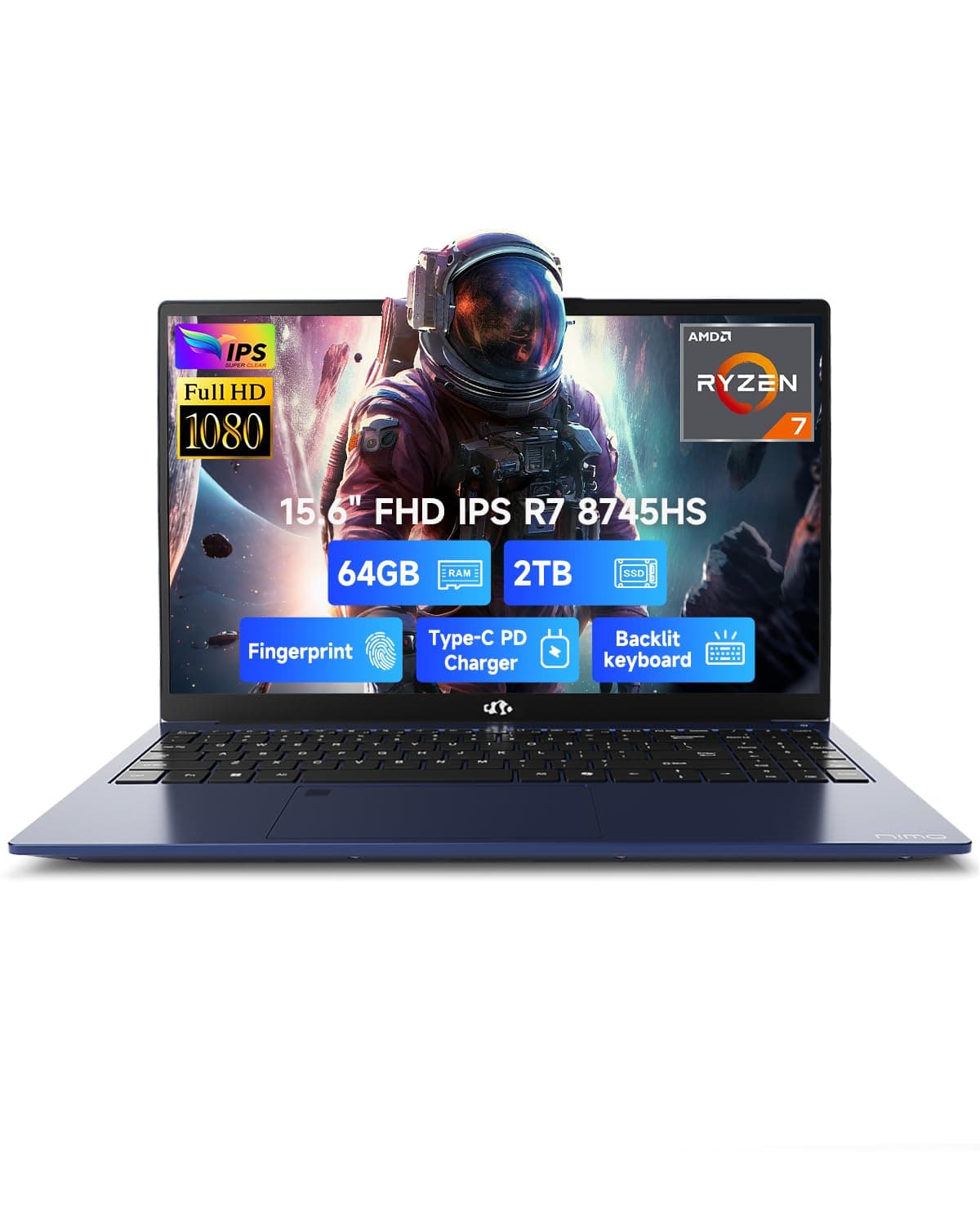 NIMO 15.6" IPS FHD-Gaming-Laptop, AMD Ryzen 7 8745HS 64GB DDR5 RAM 2TB SSD (8C/16T, up to 4.9GHz) Radeon 780M Graphics Business Computer with 100W Type-C Backlit Keyboard, Fingerprint USB-C 4.0