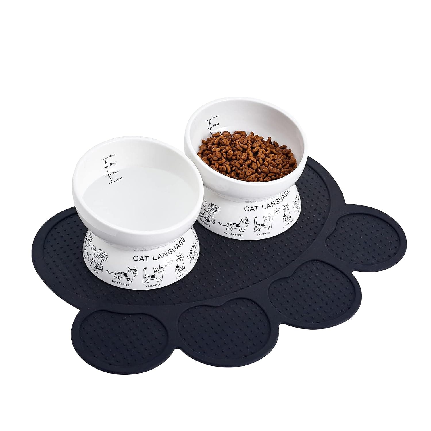 Ceramic Raised Cat Bowls | Tilted Elevated Bowl for Food and Water | Small Dog Bowl With Anti-Slip Silicone Pet Food Mat | 2 Pack Black Set
