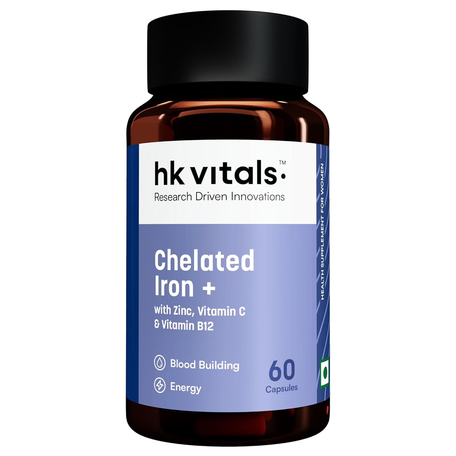 HealthKart HK Vitals Iron + Folic Acid Supplement, with Zinc, Vitamin C & Vitamin B12, Supports Blood Building, Immunity and Energy, 60 Iron Folic Acid Capsules