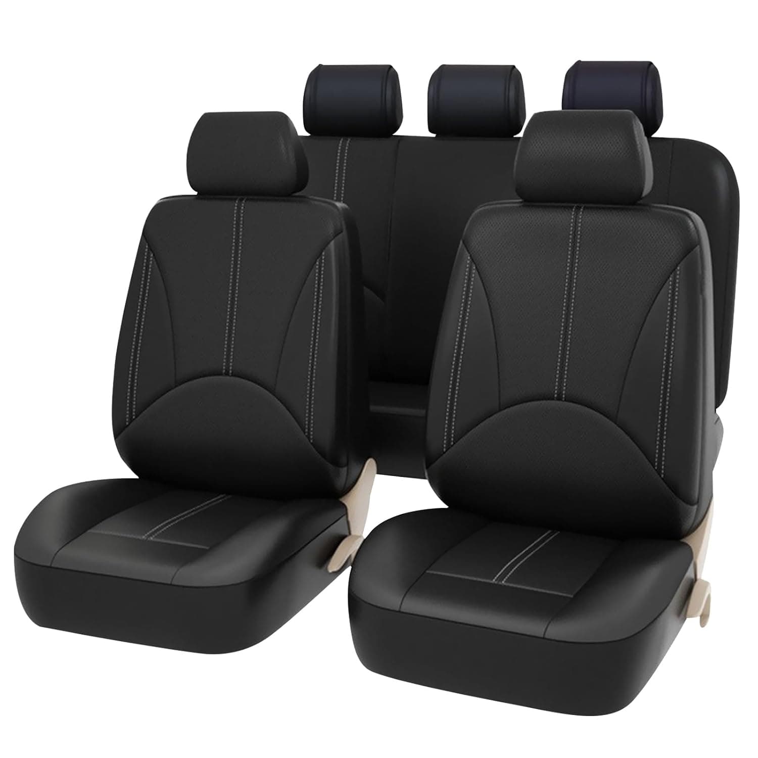 Beauenty Universal Car Seat Covers Full Set, PU Leather Front and Rear Car Seat Protector Cover, Waterproof and Non-Slip Automotive Interior Accessories for 5-Seater Cars, Sedans, SUV (9 Pcs-Black)