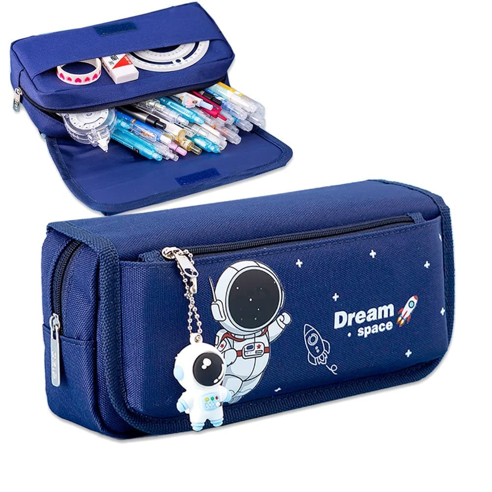 Pencil Case for Boys, Cartoon Pencil Pouch 4 Layers Large-Capacity Pen Case for Student Blue Pencil box with Astronaut Pendant