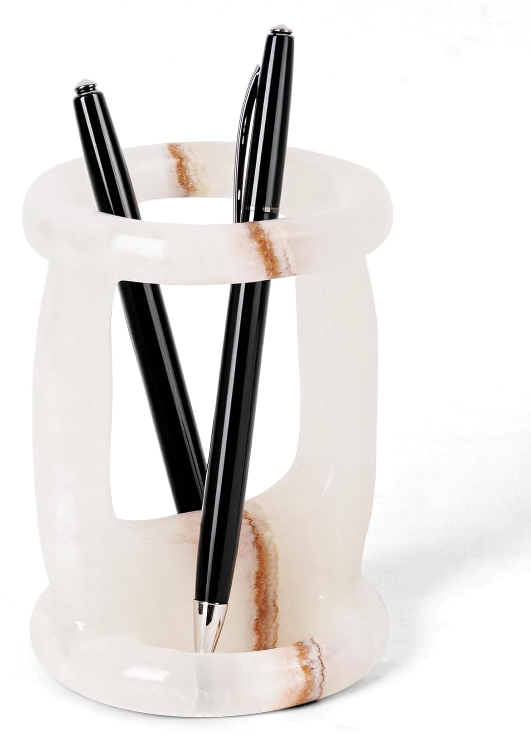 White Onyx Marble Pen Holder 4 Inch Handmade Natural Stone Desk Organizer for Pens, Pencils & Office Supplies, Luxury Desk Accessory for Home & Office