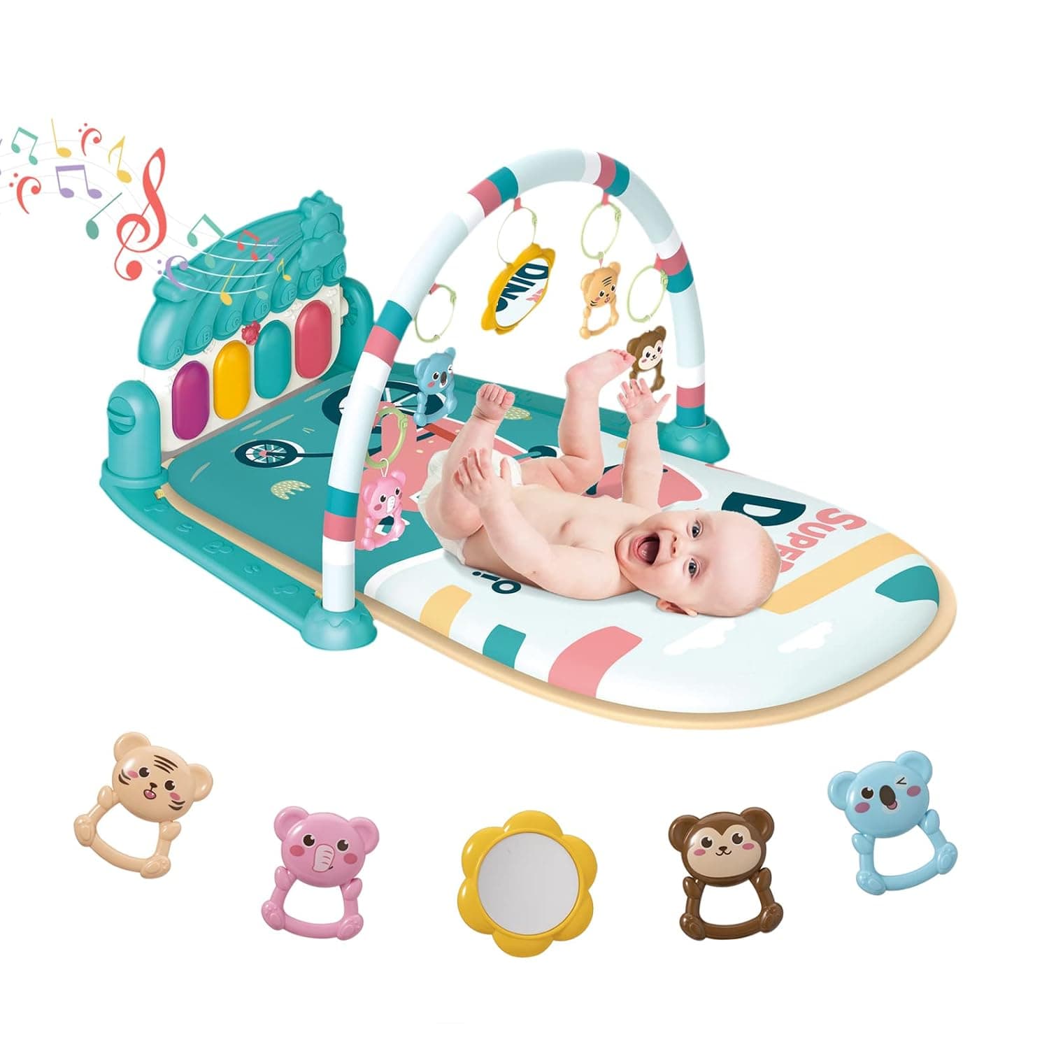Dearlomum Baby Play Mat & Gym, Piano Tummy Time Activity Mat with 5 Sensory Toys, Music & Lights - Boy & Girl Gifts for Newborn to 12 Months (Blue) | Comes with 5 sensory toys, built-in music & lights, great developmental gift for infants