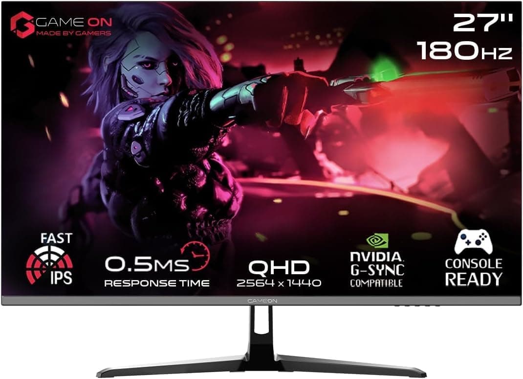GAMEON 27” IPS Gaming Monitor – QHD 2K 2560x1440, 180Hz Refresh Rate, 0.5ms Response Time, HDMI 2.1 Port, FreeSync G-Sync Compatible, HDR Ready, Console & PC Gaming Ready, GOPS27QHD180IPS - Black
