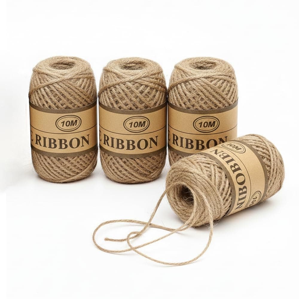 Taimi Natural Jute Ribbon 10M– Eco-Friendly Durable Twine for Gift Wrapping, Crafts, Flowers & Gardening - Pack of 4