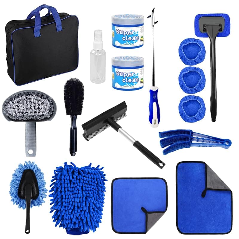 17Pcs Car Detailing Brush Set, Car Detailing Kit with Bag, Microfibre Washing Mitts, Exterior Drying Towel, Alloy Wheel Brush, Detailing Brushes, Car Wash Brush kit for Interior Exterior Wheels