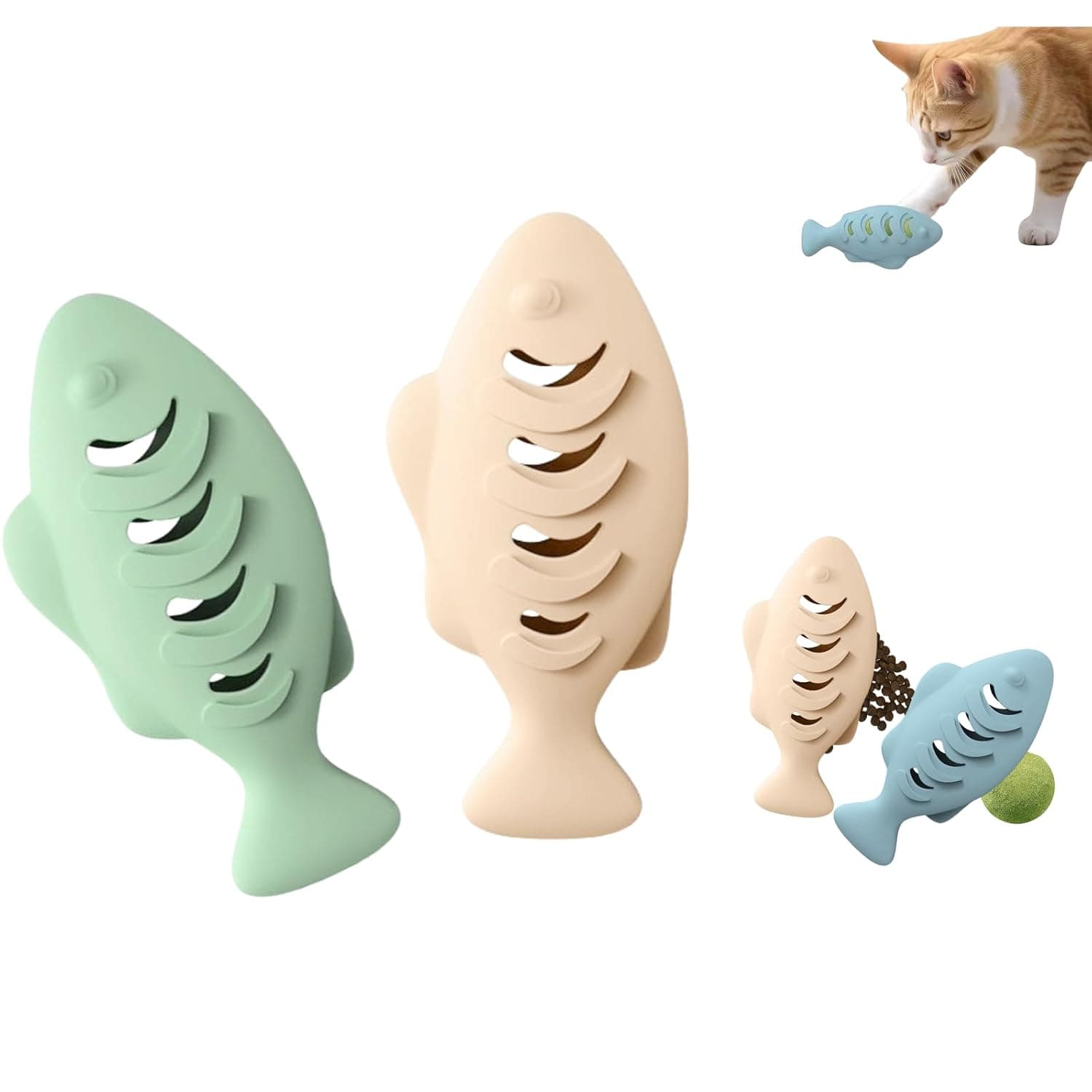 Silicone Cat Toyss Set, Multi Functional Chew, Interactive Feeder Toy for Indoor Cats, Food Puzzle Kitten Teething Toys, Durable Pet Training Toy with Catnip Ball, 2 Pcs Green and Blue