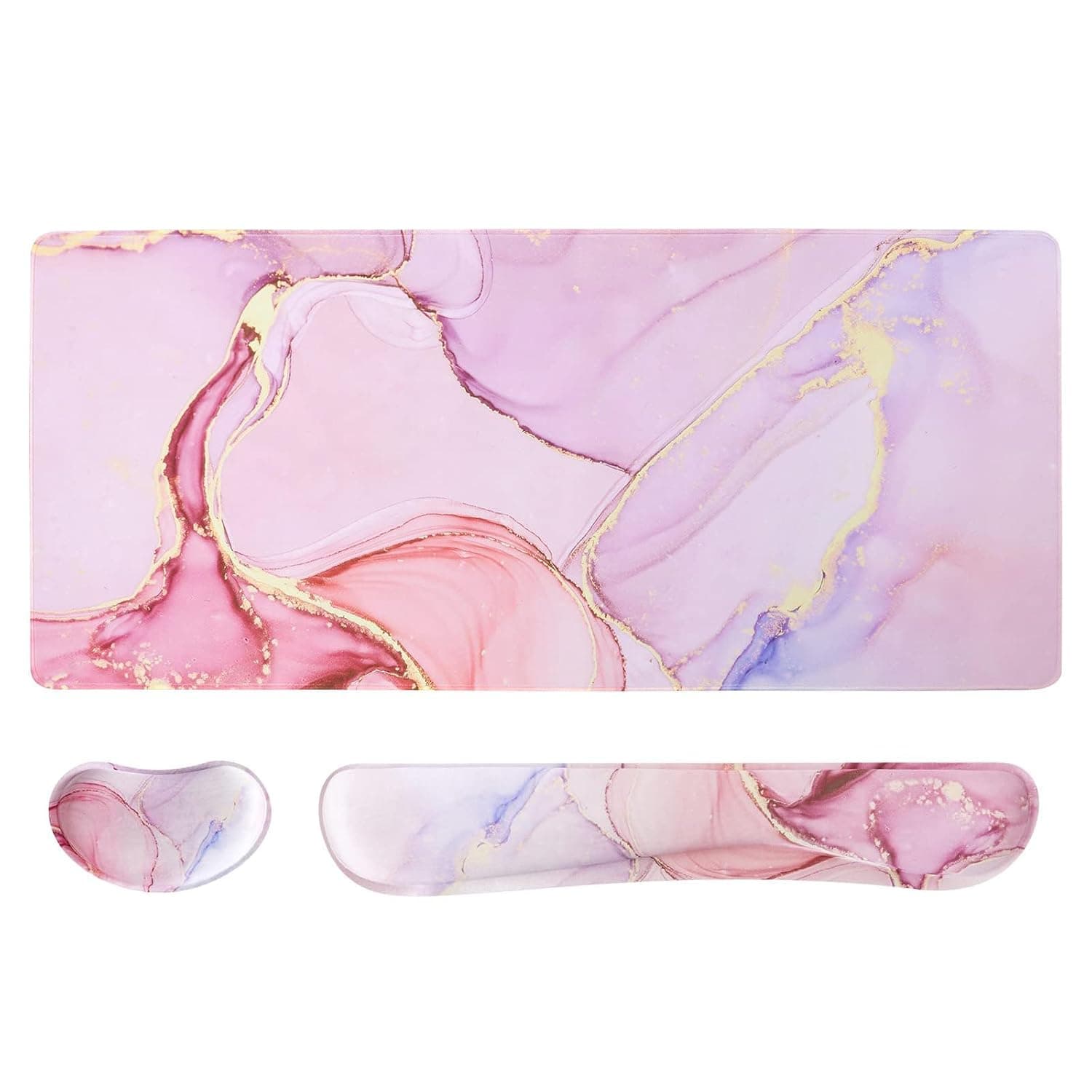 Large Ergonomic Gaming Mouse Pad Set, Pink Marble Design with Gold Accents, 90x40cm Extended Desk Mat XXL, 3 Pack with Memory Foam Wrist Rests for Keyboard and Mouse