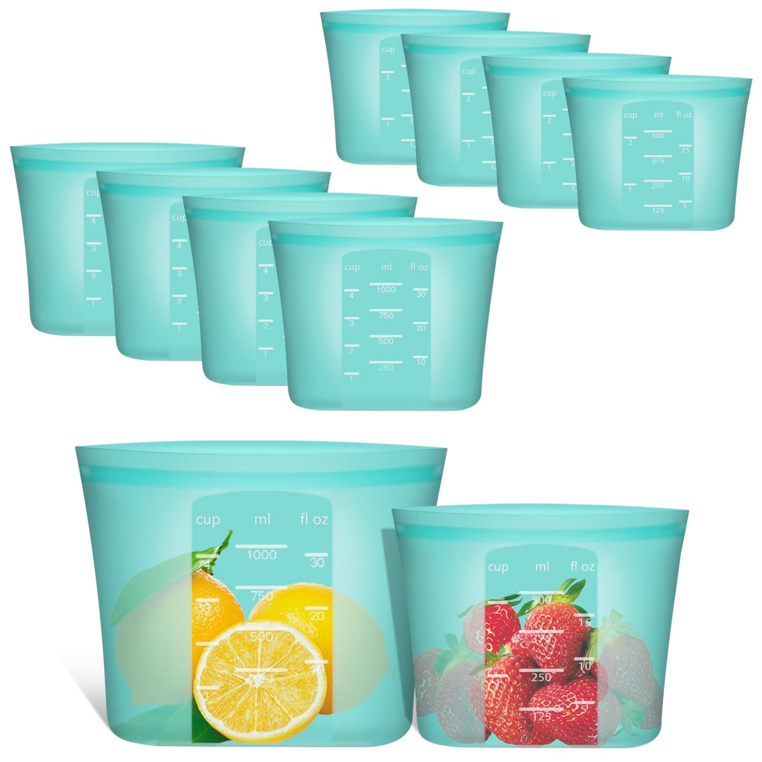 Reusable Sandwich & Snack Bags, 8 Pack 100% Silicone Food Storage Bags Stand Up Zip Lock for Food Container, Freezer Microwave Oven Dishwasher Safe, 4 Small 4 Extra Small, Aqua