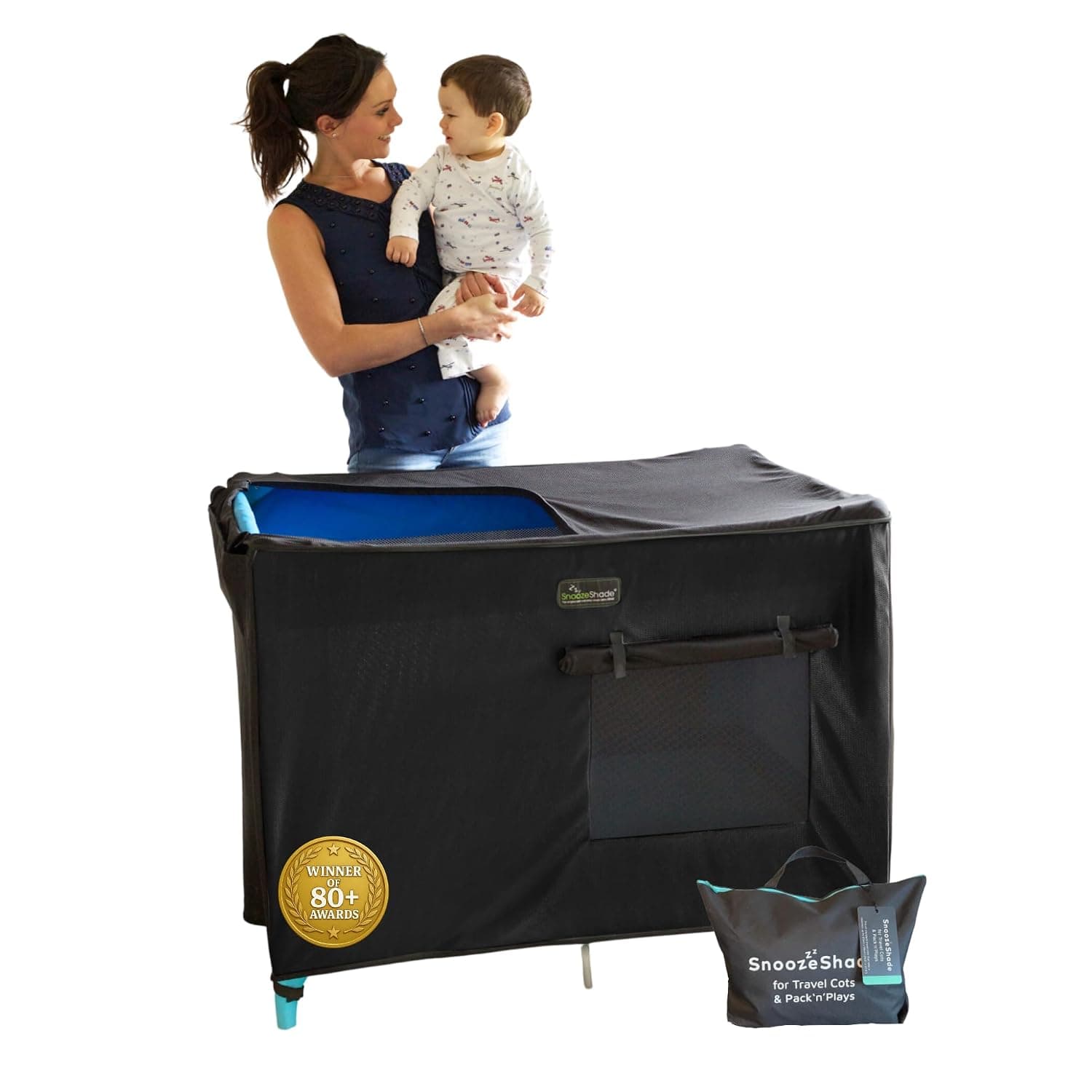 SnoozeShade Travel Cot Blackout Cover and Sleep Canopy Breathable Baby Mesh Blocks 94% of Light, Universal Fit for Holiday Cribs Nursery Mosquito Protection and Naps Away from Home | Blackout canopy blocks up to 94% of light for naps anywhere. Fits pack n plays, travel cribs and mini cribs. EziBreez mesh