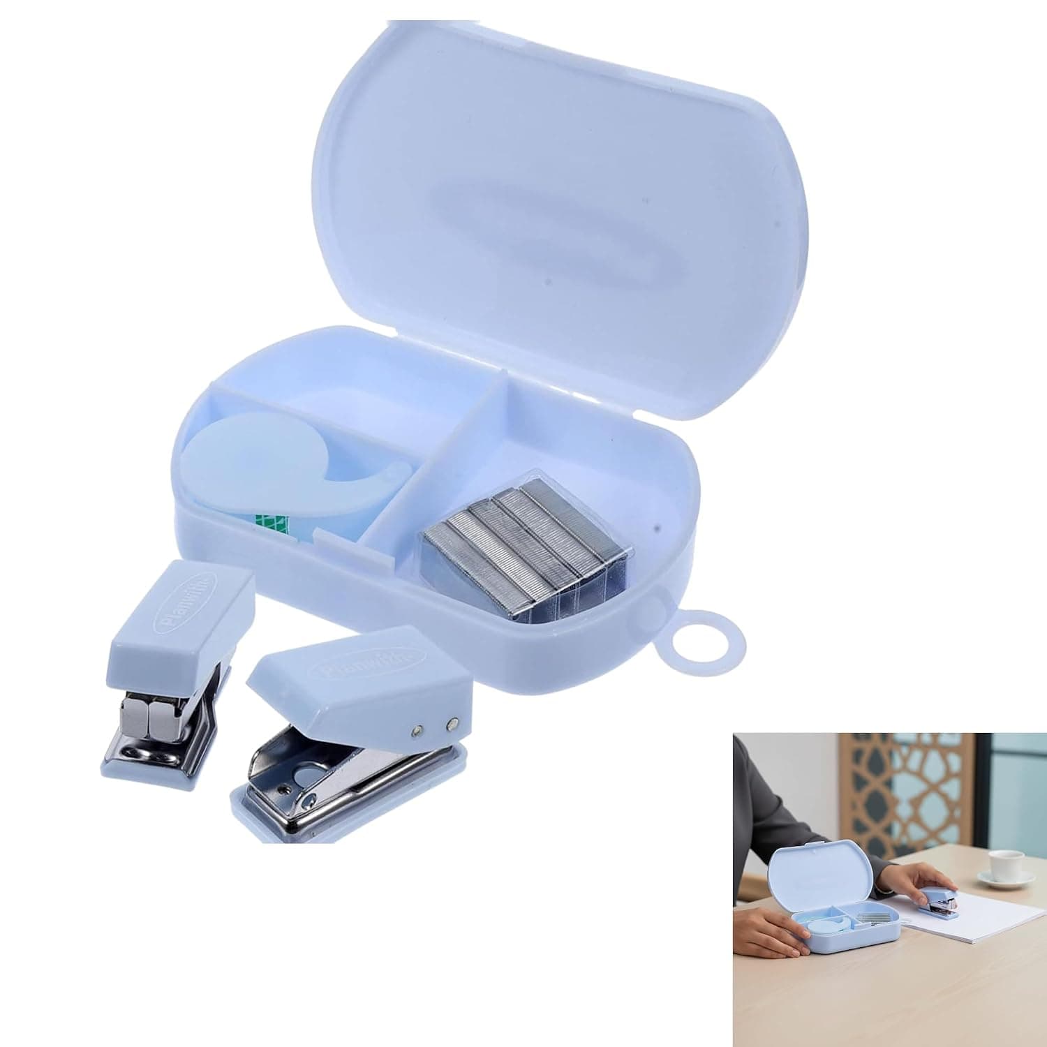 Practical Office Supplies Kit, Set Hand Tool Box Mini Tape Dispenser Office Staples Hole Puncher Document Stapler Tiny Stapler Heavy-Duty s and Tape Dispenser Abs Desk Student Stationery (Blue)