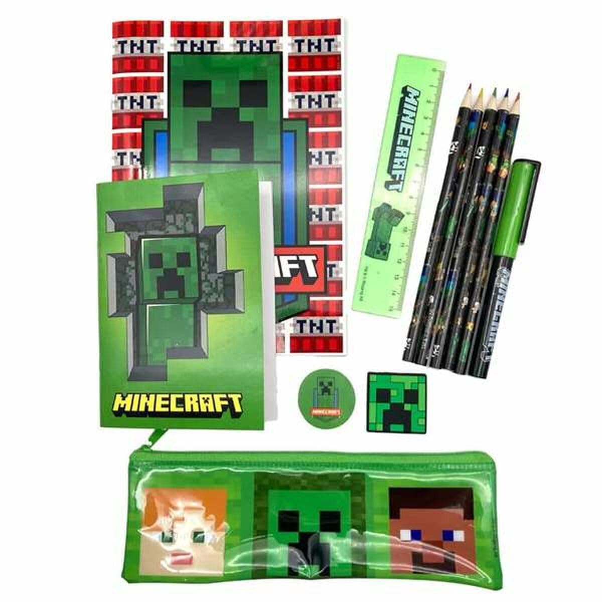 Minecraft Stationery Set with Case - School Supplies - 2 Notebooks, Colored Pencils, Eraser, Sharpener and Ruler - Character and Creeper Design, Colourful, Mediano, Minecraft Stationery Set with Case