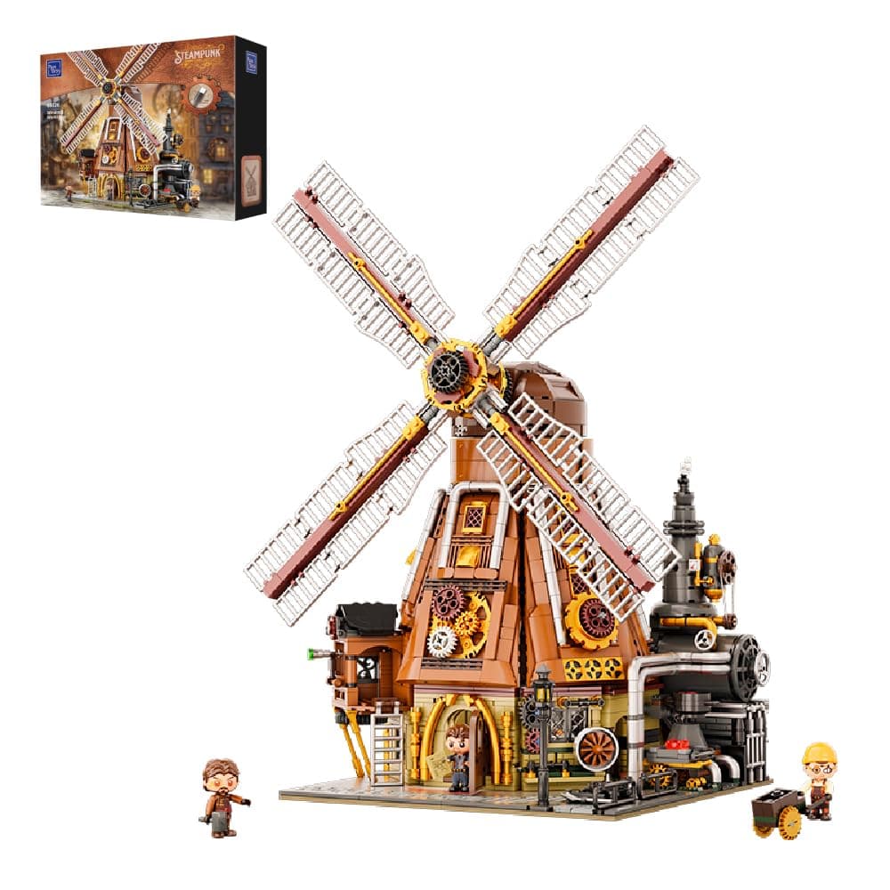 PANTASY Steampunk Windmill Workshop Construction Set | Dutch windmill with motorized blades, visible gears and opening wall for mechanical display