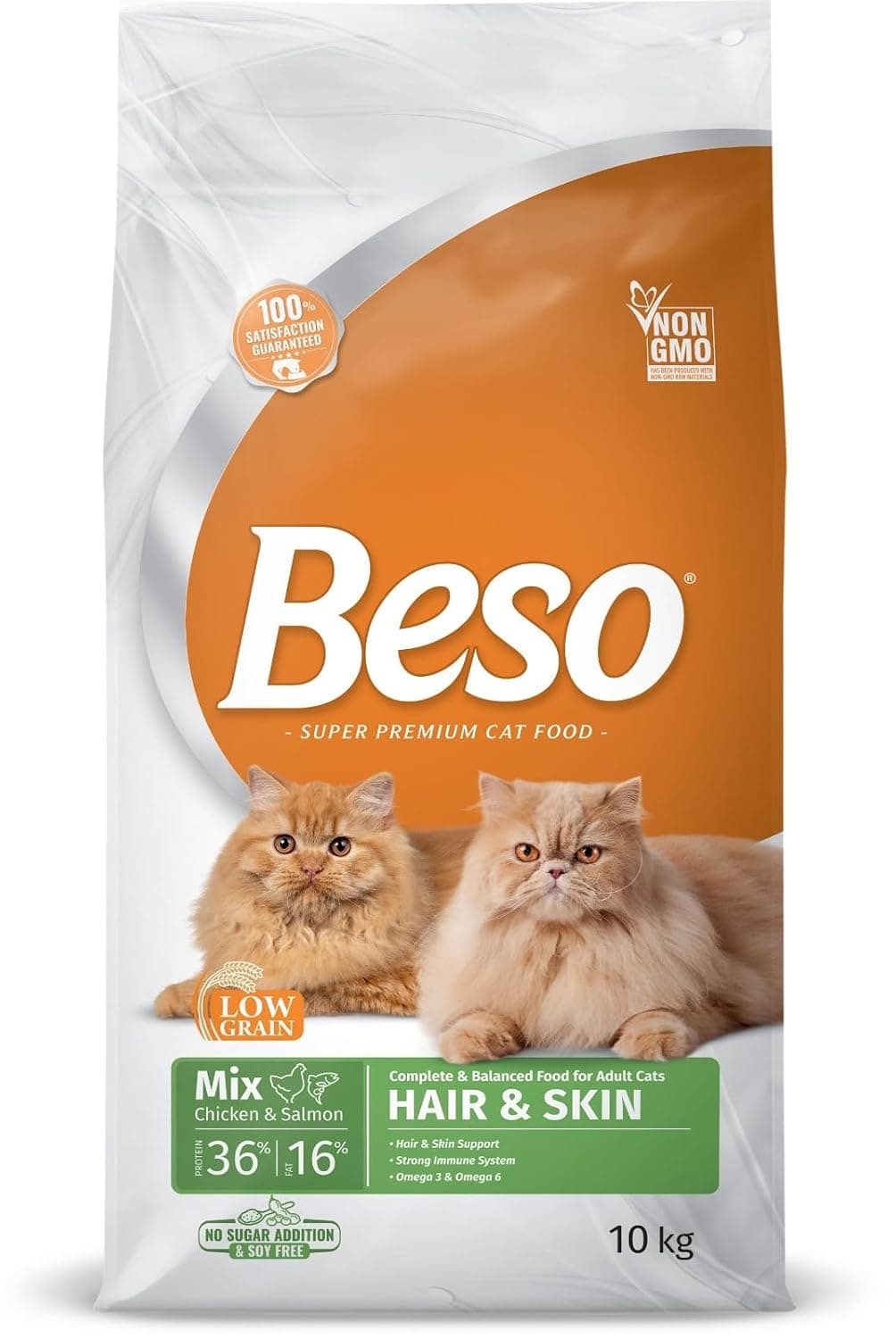 Beso Adult Cat Food, Chicken & Salmon, 10kg, Dry Kibble, Hair & Skin Care Formula, Complete Nutrition with Omega-3 & Omega-6, 1 Count