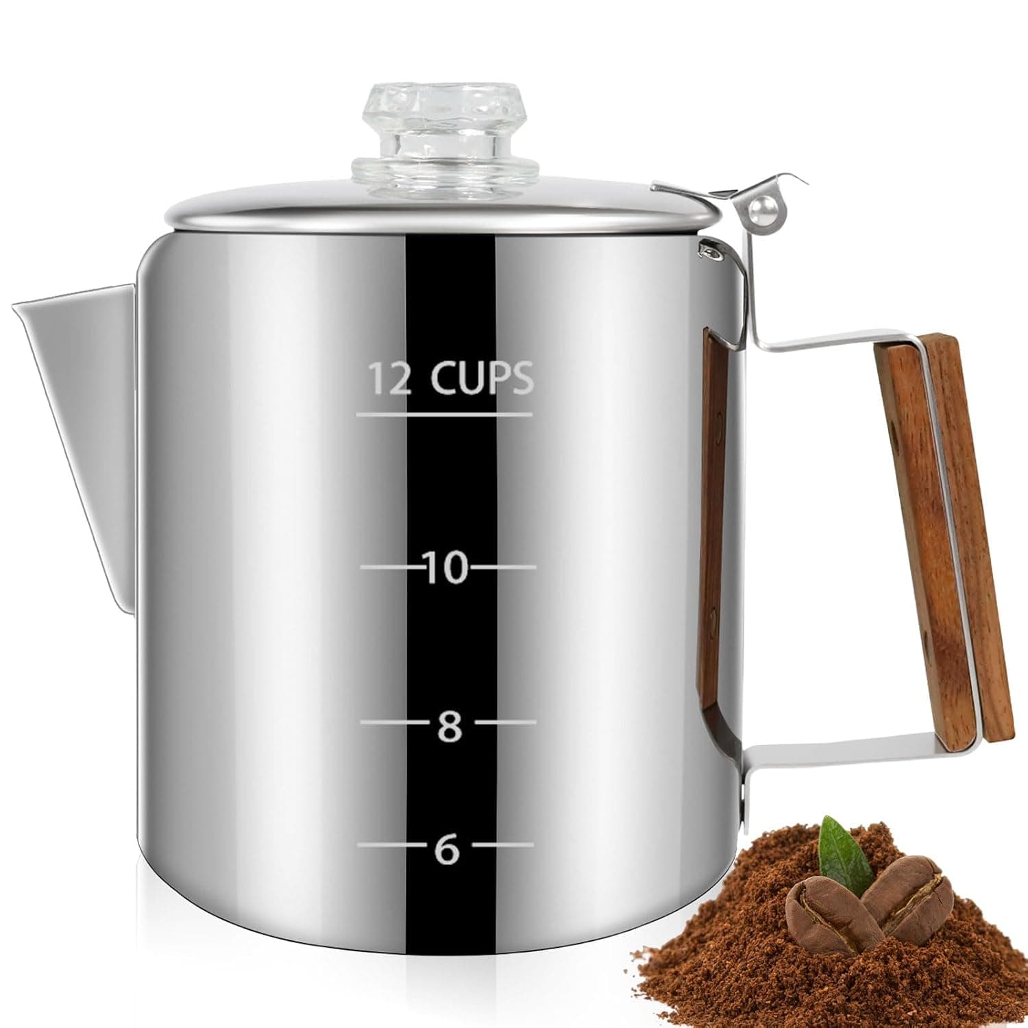 12 Cup Percolator 304 Stainless Steel Coffee Pot Coffee Maker Coffee Machine with Solid Wood Handle Transparent Knob Stovetop Greca Mocha for Induction Home and Camping 2200ml 74.4oz