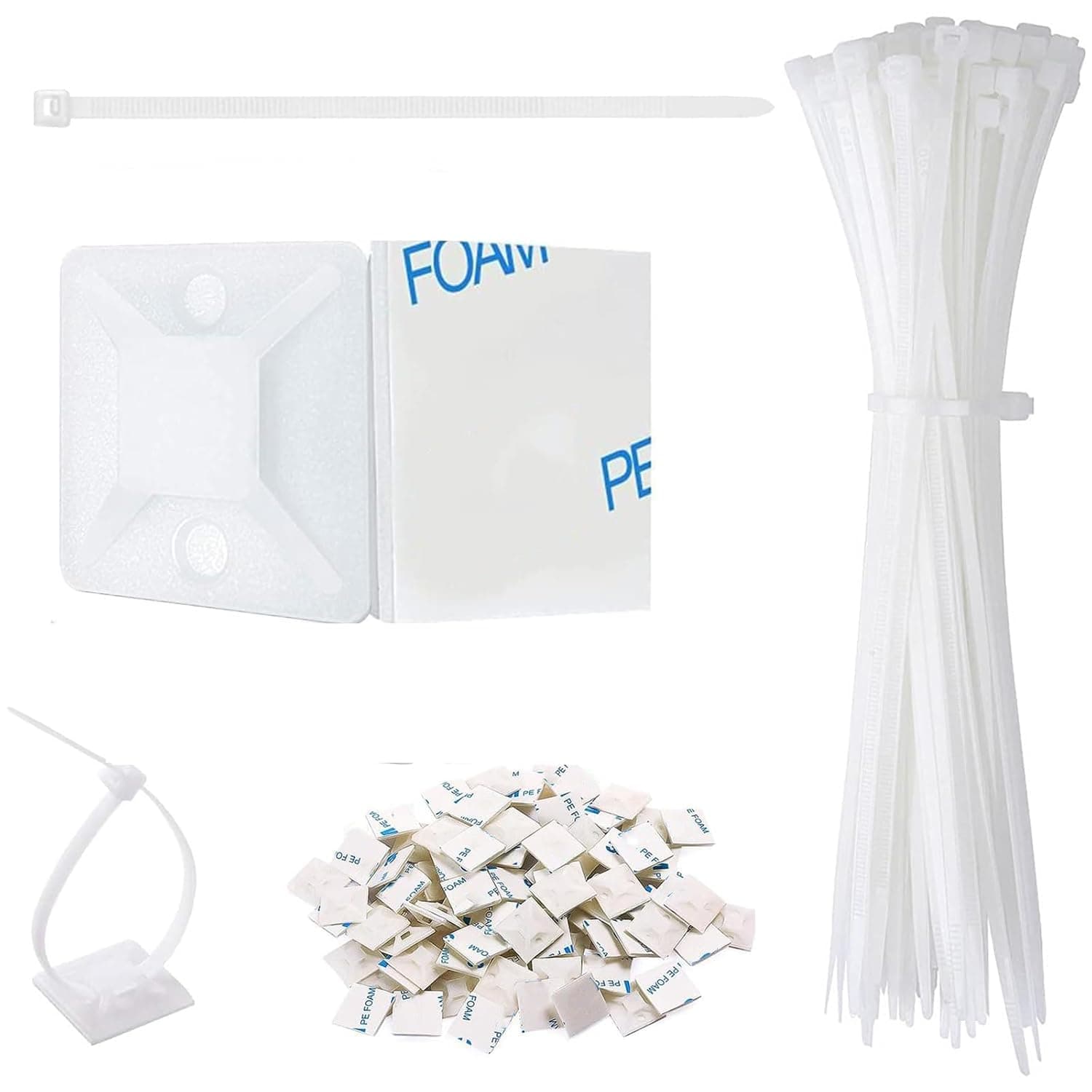 TONGLUO Zip Ties with Adhesive Mounts, 3/4in Cable Ties, 100pcs Durable Multi-Purpose Heavy Duty Wire Clips with Screw Hole & Strong Anchor Sticky Pads for Home/Office/Garage Organization (White)