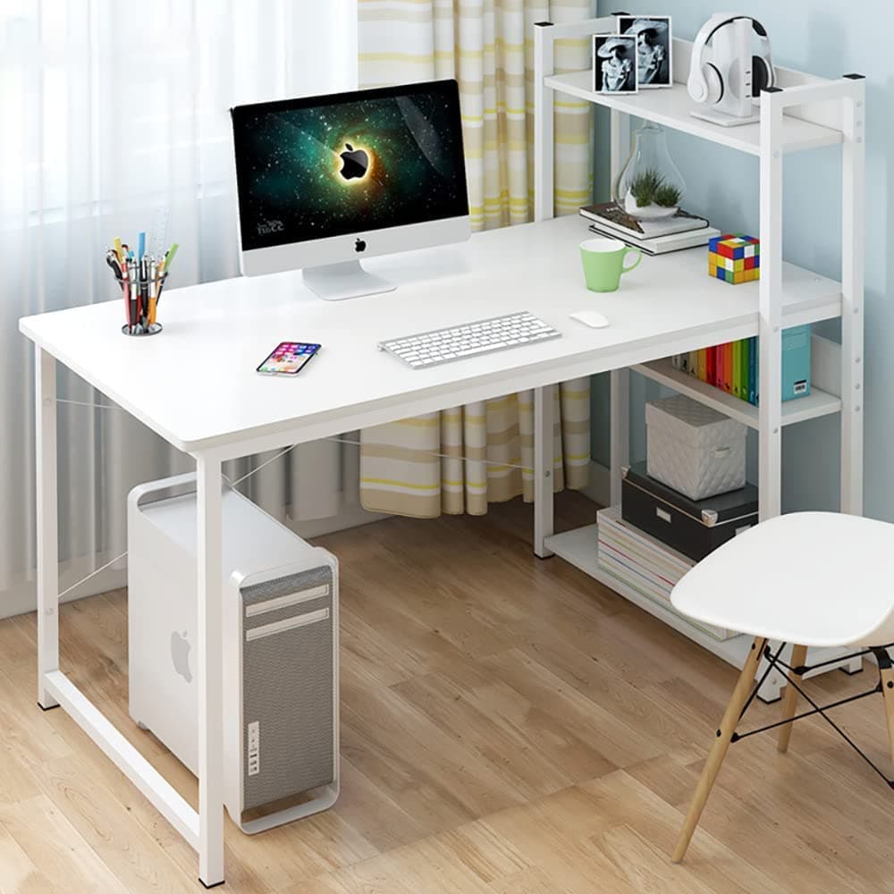 Computer Table with Bookshelf, Home Office Desk Gaming Writing Study Table White 120 * 55 * 72 cm-H120A