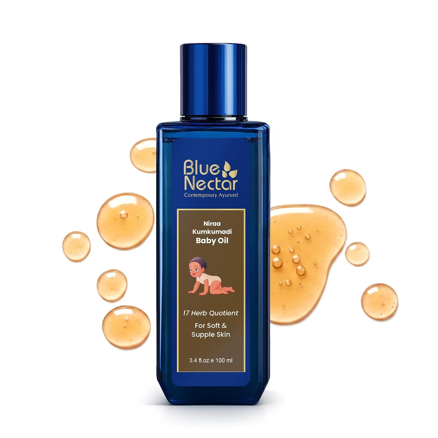 Blue Nectar Baby Oil with Pure Kumkumadi Oil for Glow & Hydration | Ayurvedic Baby Massage Oil for New Born | 100% Natural & Safe Baby Product for Delicate Skin (17 Herbs, 100 ml) | 100% Natural & Safe | Baby Glow Oil for Dry Skin | Almond, Coconut & Kumkumadi Oil for Baby Massage (17 Herbs, 100 ml)