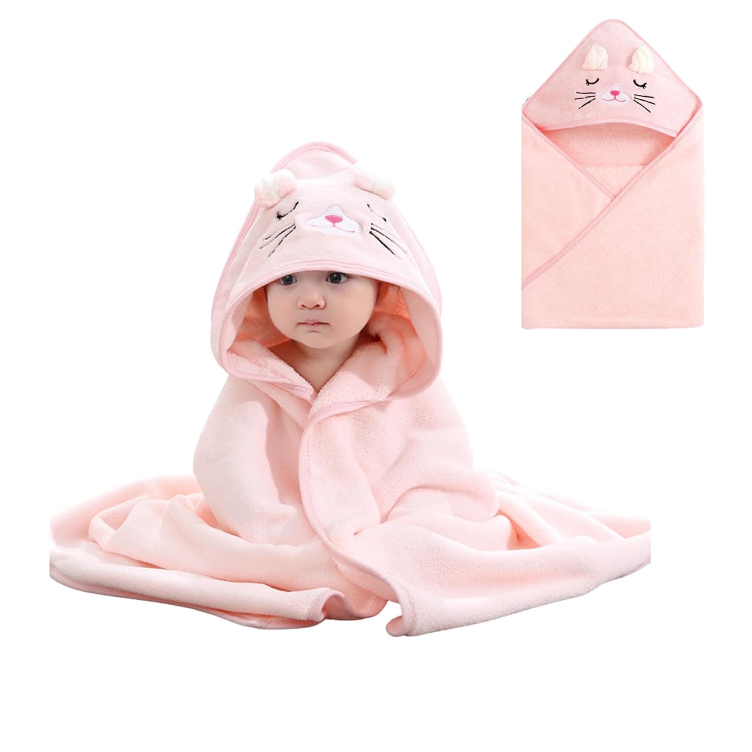 Hooded Baby Towel, Cute Cartoon Baby Bath Towel, Suitable for Newborns and Infants - Super Absorbent, Soft Coral Fleece Bath Towel, Suitable for Boys and Girls, Essential for Babies (1, Pink)