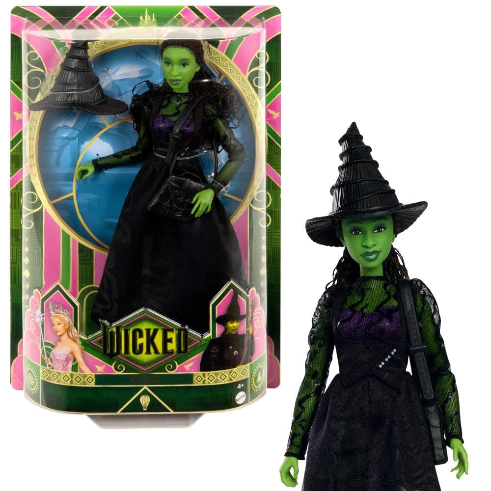 Mattel Wicked Elphaba Doll with Green Skin and Black Hair Braided with Accessories Including Removable Prom Outfit HXT62