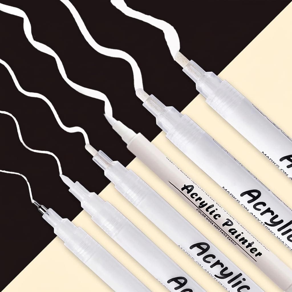 White Acrylic Paint Pens for Fabric and Art Projects, 6 Pieces Multi-Size Nibs Set including Fine Liner and Brush Tip for Black Paper Sketching, Rock Painting and Scrapbooking