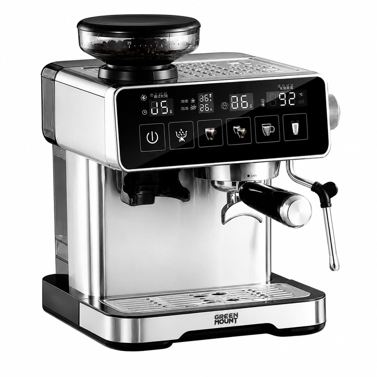 GREEN MOUNT Espresso Machine with Grinder, 20Bar Professional Coffee & Espresso Maker Combo, 2L Water Tank, 1150W, Color LED Touch Screen and Milk Frother for Latte, Cappuccino, Portable (Black)