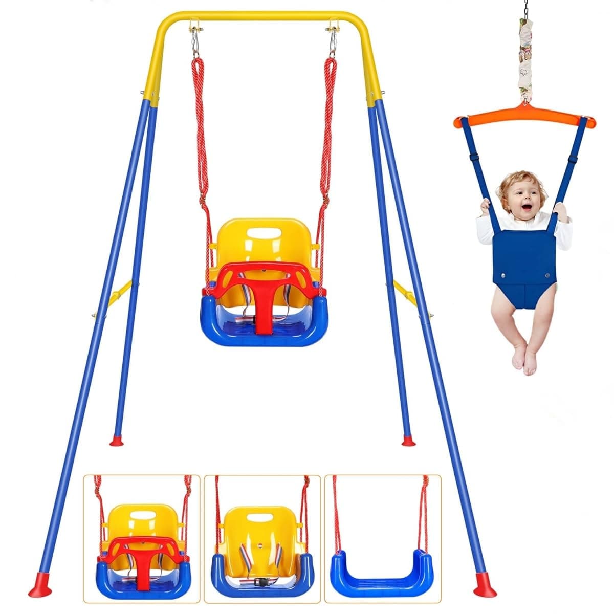 Toddler Swing & Jumper with Stand, 4 in 1 Baby Swing Set, Baby Bouncer Jumper with Safety Seat, Foldable Metal Stand for Indoor/Outdoor Play, Easy to Assemble (4-in-1)