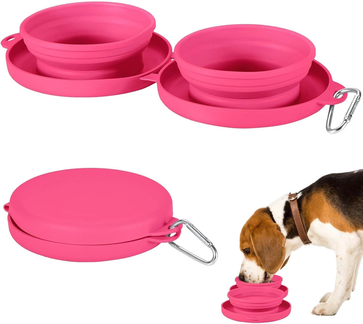 YelaJoy Collapsible Dog Bowls, 2 in 1 Portable Silicone Pet Food and Water Double Bowl, Expandable Travel Pet Feeder Bowl, Cat Feeder Dish with Carabiner for Traveling, Hiking, Walking, Camping (Pink)