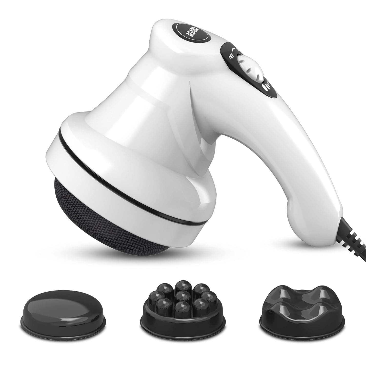 AGARO Atom Electric Handheld Full Body Massager with 3 Massage Heads, Mesh Cover, Variable Speed Settings for Pain Relief and Relaxation, Back, Leg & Foot, White