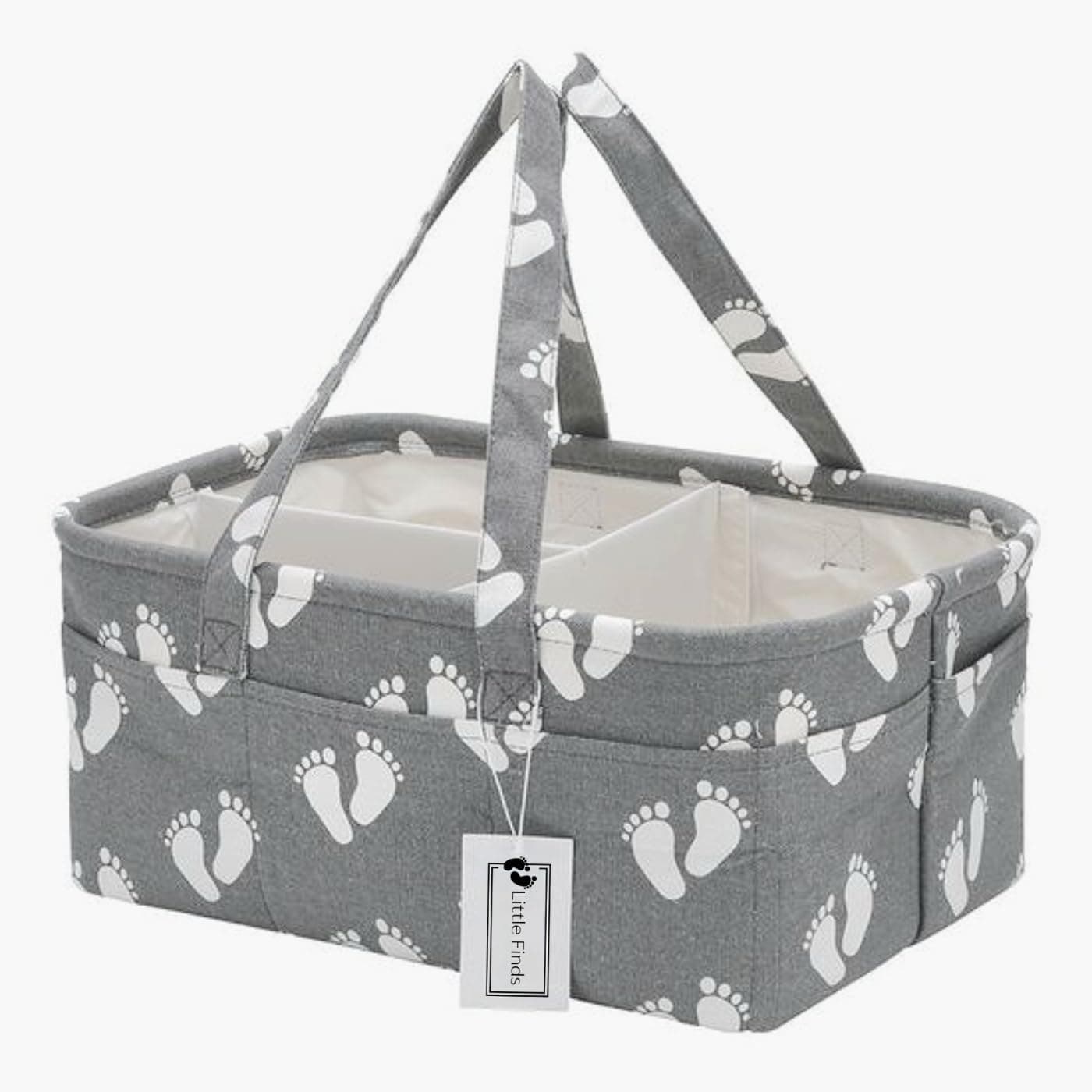 Diaper Caddy, Cotton Nappy Changing Basket,Nursery Essentials Organiser, Car Travel Storage,Removable Dividers, 10 Side Pockets, 3 Compartments,Baby Gift (Footprint)