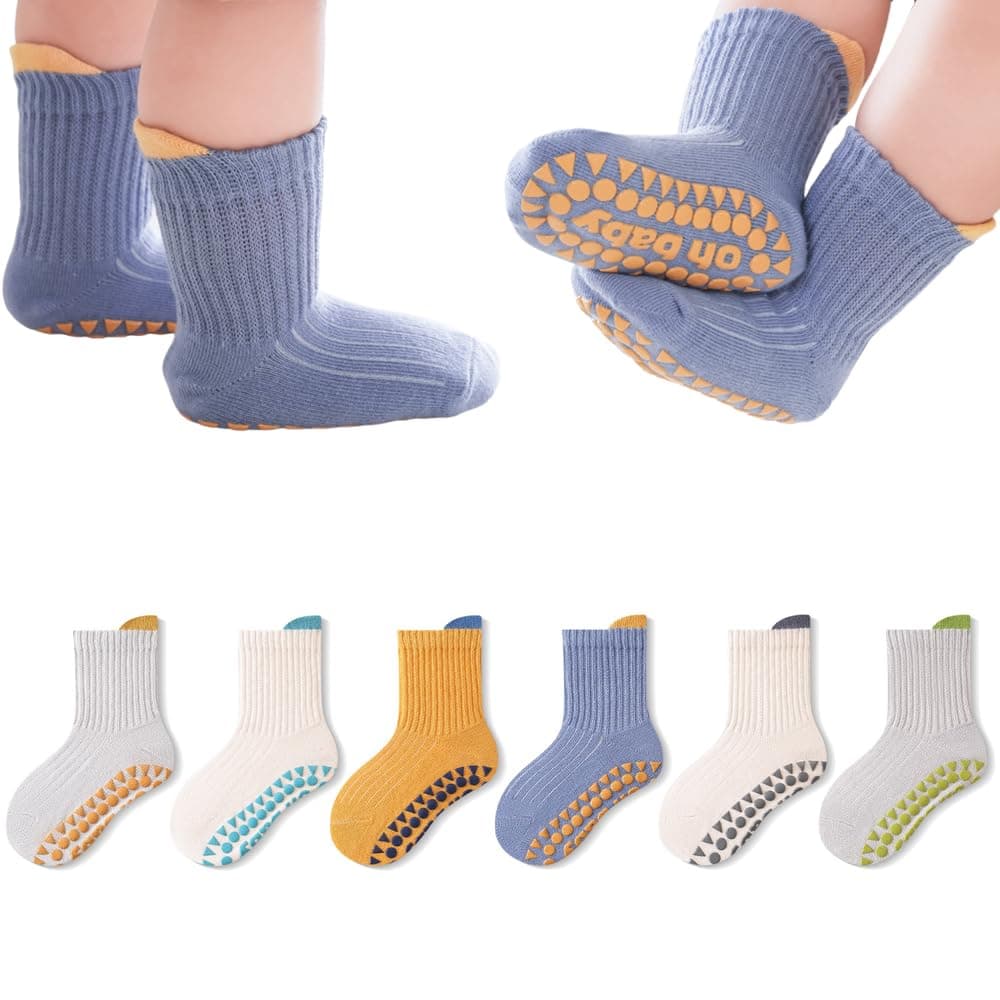 Goodern Baby Non Slip Socks,6 Pairs Baby Sock with Anti Slip Soles Breathable Comfortable Toddler Grip Crew Sock Cotton Stretchy Anti Skid Socks for Infants Toddlers Kids Boys Girls