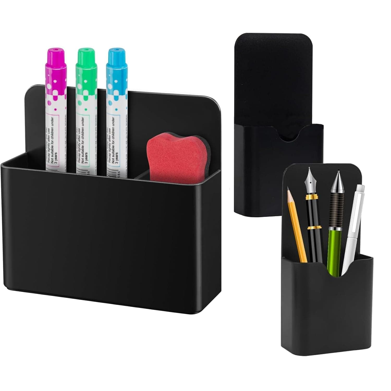 3 Pack Magnetic Whiteboard Marker Holder,Magnetic Dry Erase Marker Holder with Generous Compartments,for Office Home Whiteboard Refrigerator Locker Accessories(Black)