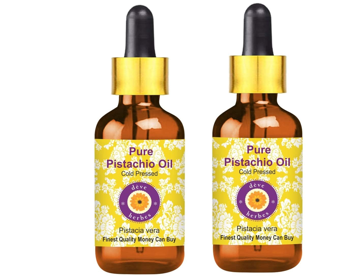 Deve Herbes Pure Pistachio Oil (Pistacia vera) with Two Glass Dropper Cold Pressed (Pack of Two) 100ml X 2 (6.76 oz)