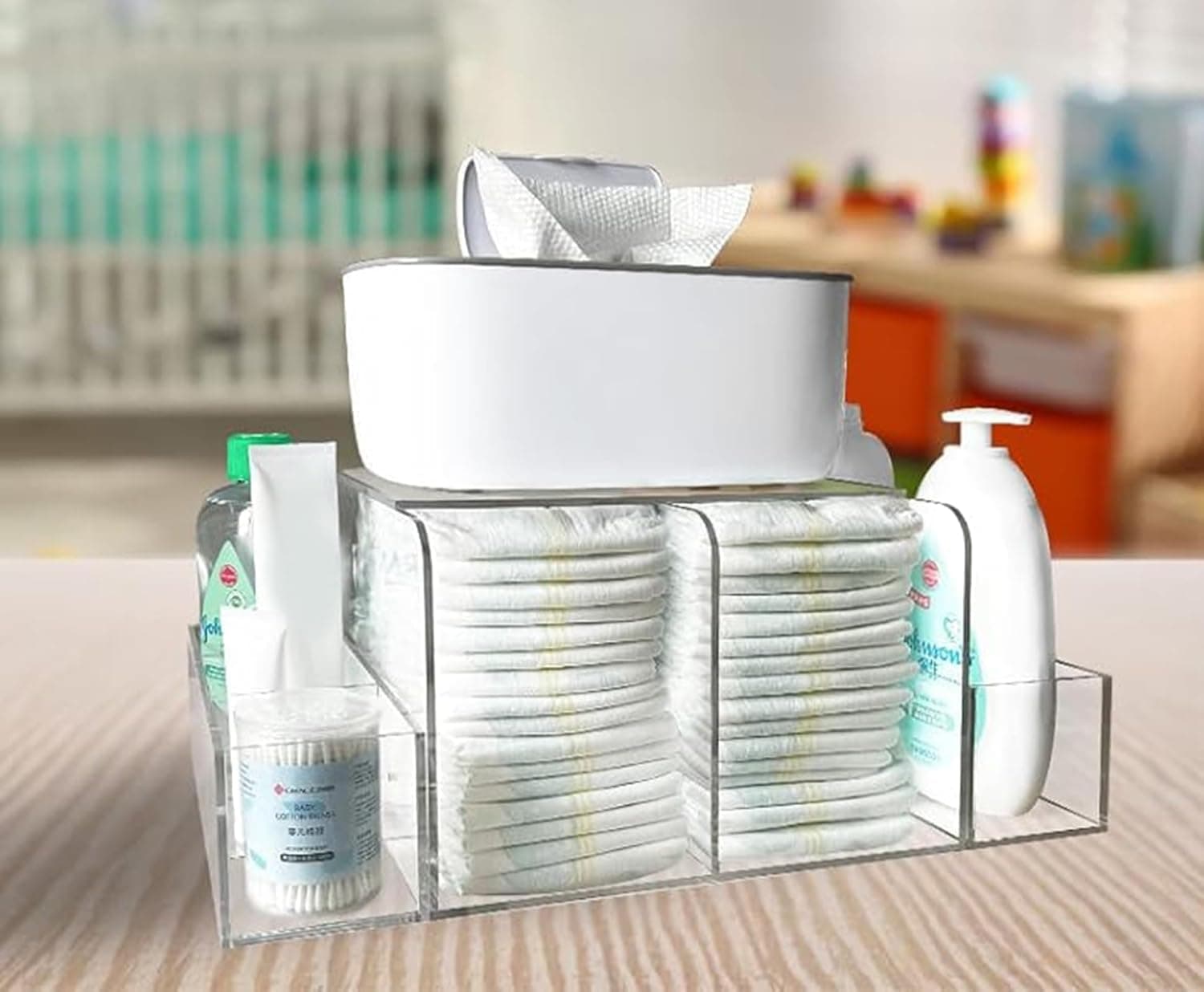SLASA Clear Acrylic Diaper Organizer – Detachable 7-Compartment Storage for Diapers, Wipes & Baby Essentials | Tabletop Organizer for Nursery