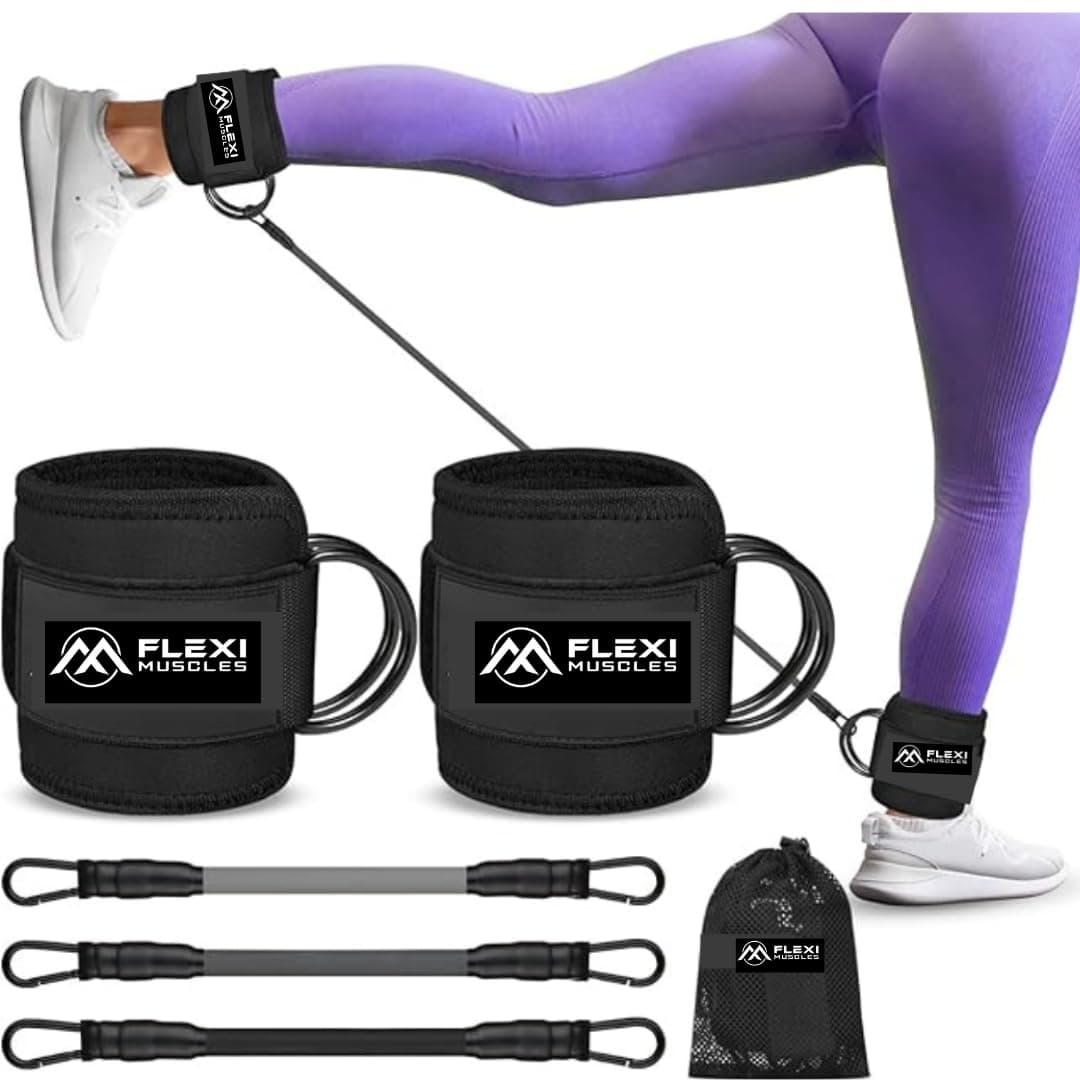 FLEXI MUSCLES - Resistance Bands with Ankle Cuffs for Leg, Glute, and Hip Workouts - Perfect for Kickbacks, Strength Training, and Home Gym Exercises - Fitness Bands for Women.