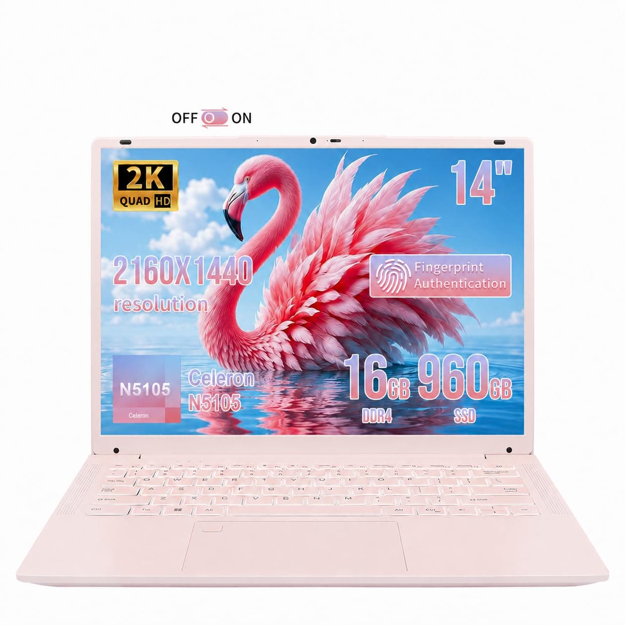 14.1 Inch Portable Laptop,Celeron N5105 Processor,16GB FHD(2160 x 1440) IPS,Fingerprint Unlock,180 Degree Hinge Design,Win 11 Pro PC,Fingerprint,Type-C,WiFi/BT 5.0(Pink,16G+960GB)