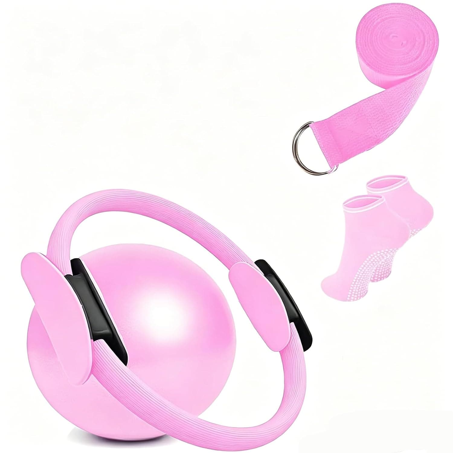 Tazweeq Pilates Ring Circle Set 9 Piece, Workout Equipment for Women Home Gym, Booty Bands Stretching Kit with Mini Exercise Ball for Legs Arms Thighs