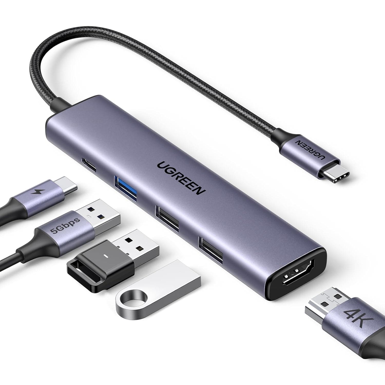 موزع ريفودوك USB نوع 5 في 1 من يوجرين - منفذ HDMI 4K وقدرة توصيل طاقة 100 وات بيانات ايه ومحول متعدد المنافذ سي الألوان