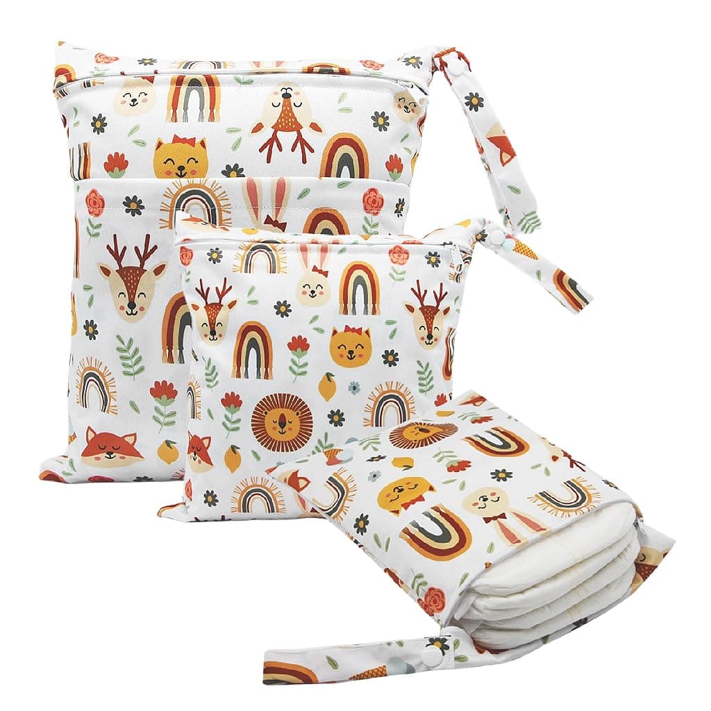 HANNEA® 3Pcs Baby Diaper Bag Reusable Pouches, Cartoon Print Wet Dry Cloth Bags with Zipper & Hand Strap, 3 Sizes, Travel Organizer for Baby Diapers, Clothes, Underwear, Nursery Accessories
