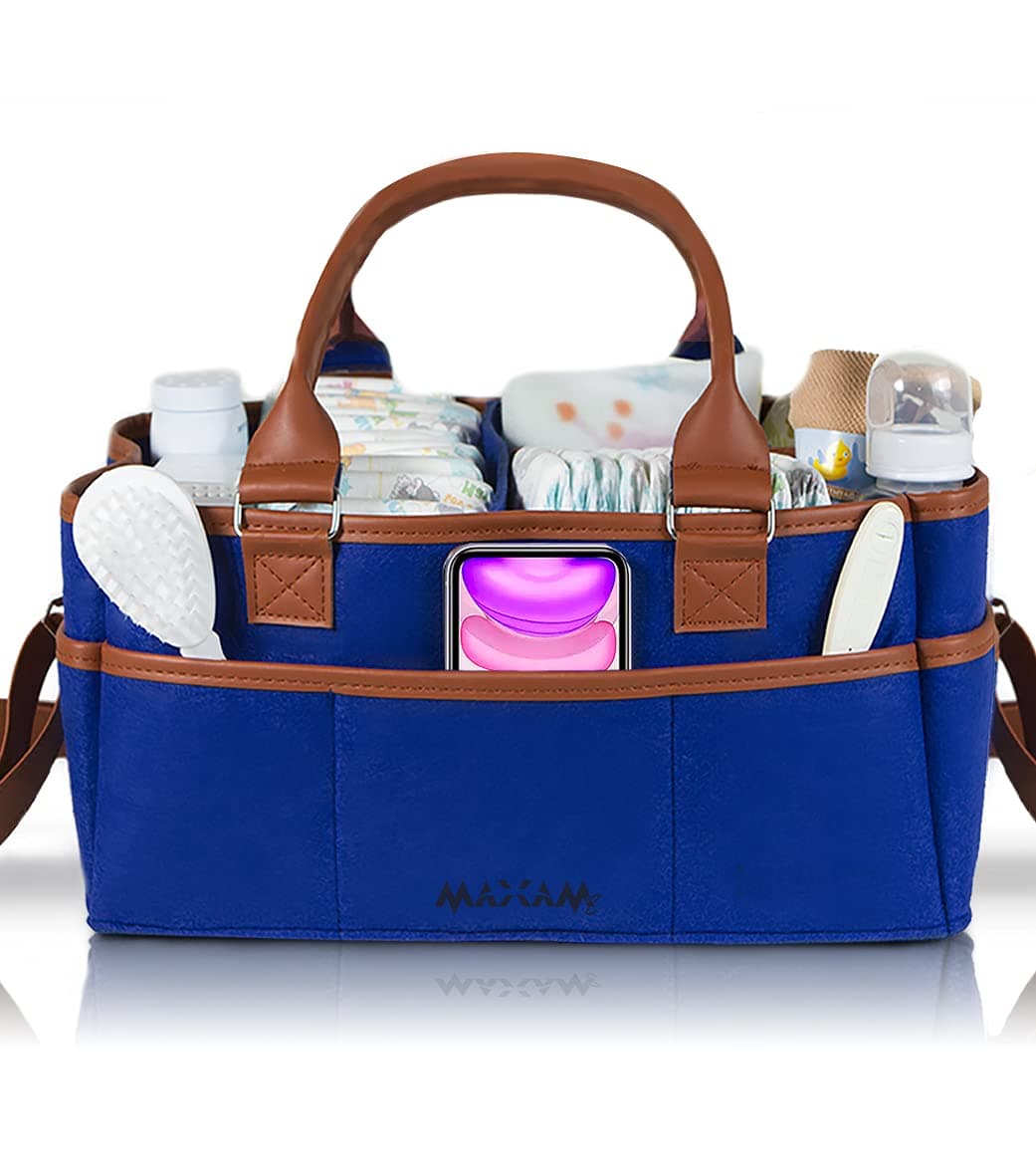 Baby Diaper Caddy Organizer Large with Shoulder Strap | Trendy Navy Blue Portable Nursery Storage Bin - Premium Quality Tote Bag For Newborn Essentials - For Infant Changing Table, Car, Home or Travel
