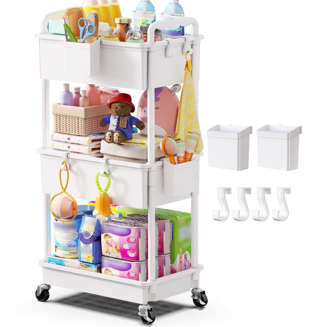 Goovilla Diaper Cart with Lockable Wheels and Easy Assembly, 3 Tier White Rolling Cart for Baby Nursery Storage, Sturdy Ample Diaper Caddy Organizer for Baby Girl, Boy, New Mom, Newborn Essentials