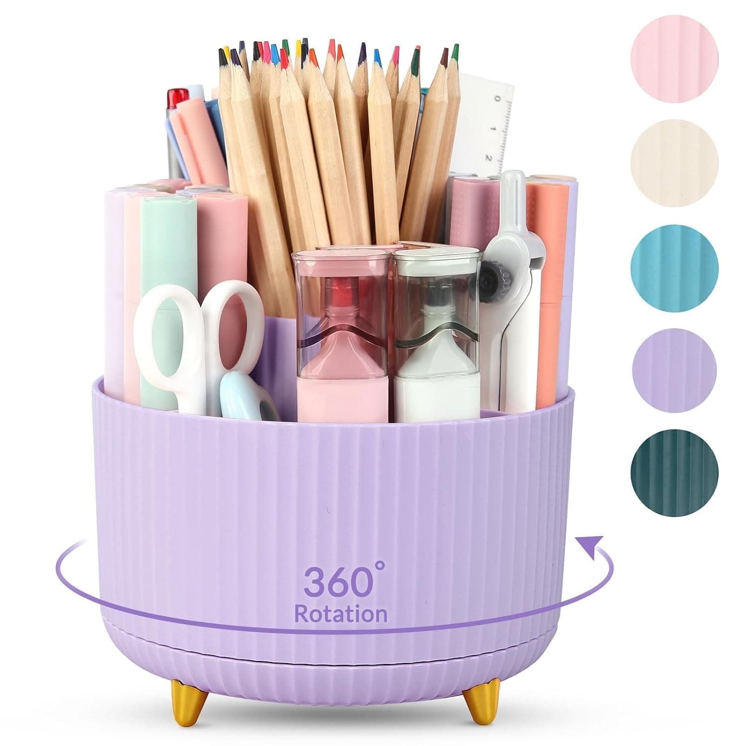 SKYDUE 360 Degree Rotating Desk Organizer, Minimalist Purple Pen Holder with 5 Slots, Office Supplies Organizer